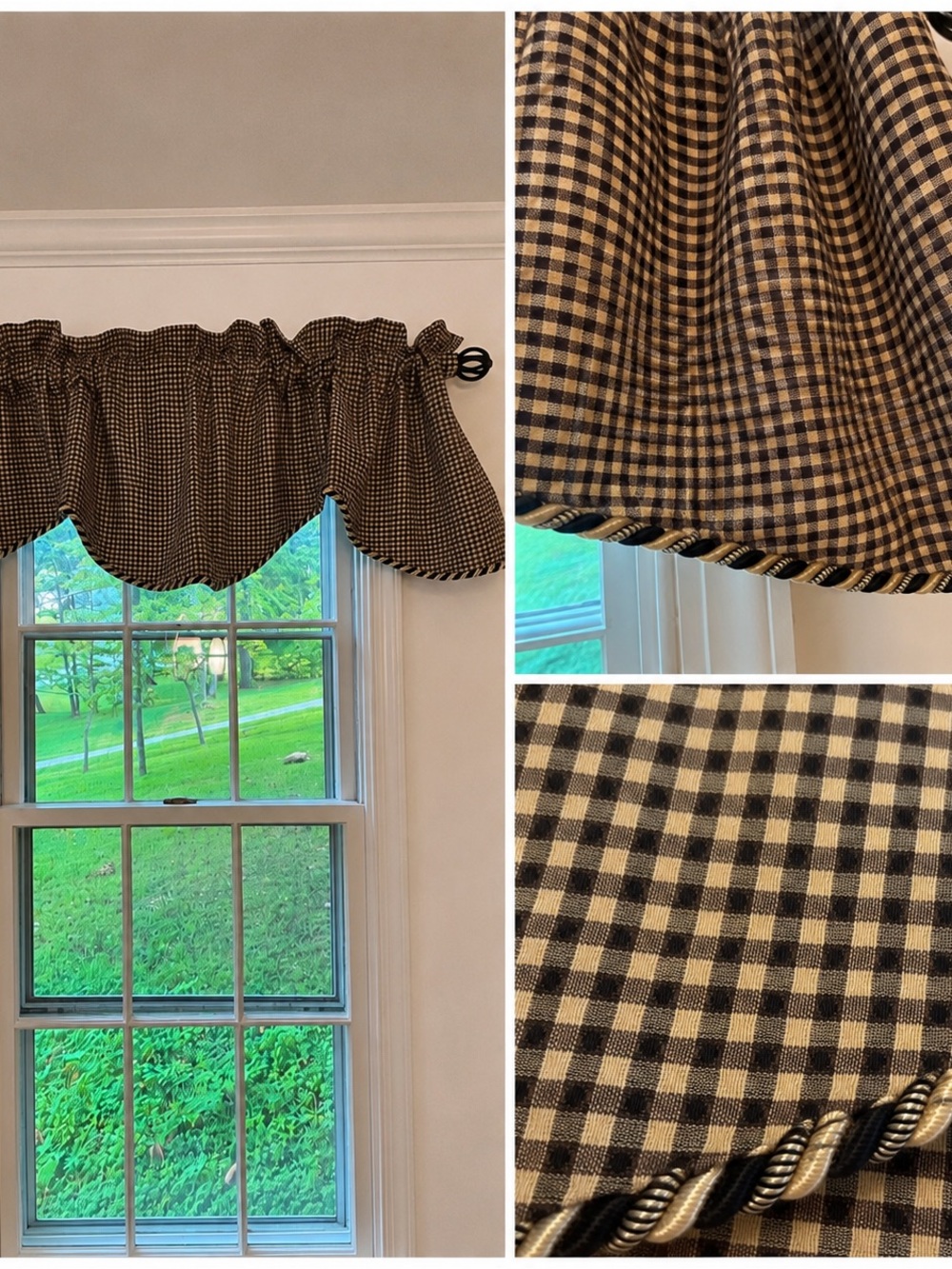 Vintage Set of 3 Black and Tan Gingham Scalloped Valances w/ Braid Trim
